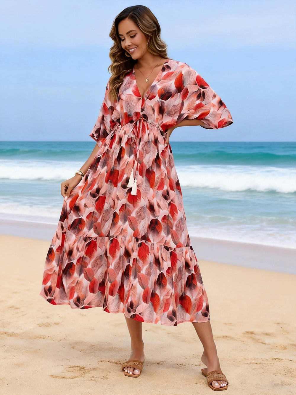 ZARA In Stock Boho Batwing Sleeve Drawstring Tassel Flared Midi Beach Dress